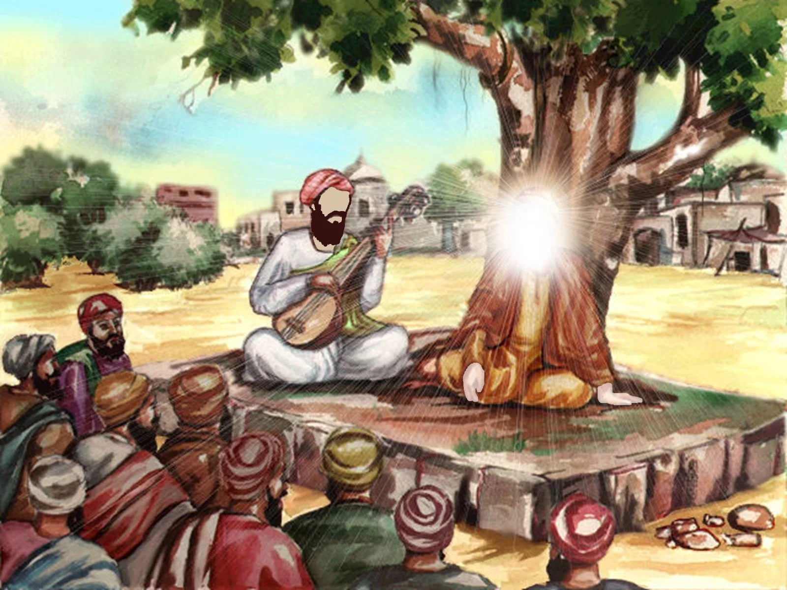 Guru Nanak Dev Ji enlightens people with the divinely revealed Gurbani