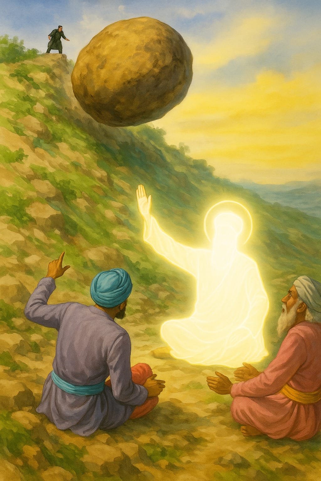 Guru Nanak Dev Ji miraculously stopping the boulder thrown down the mountain by Wali Qandhari