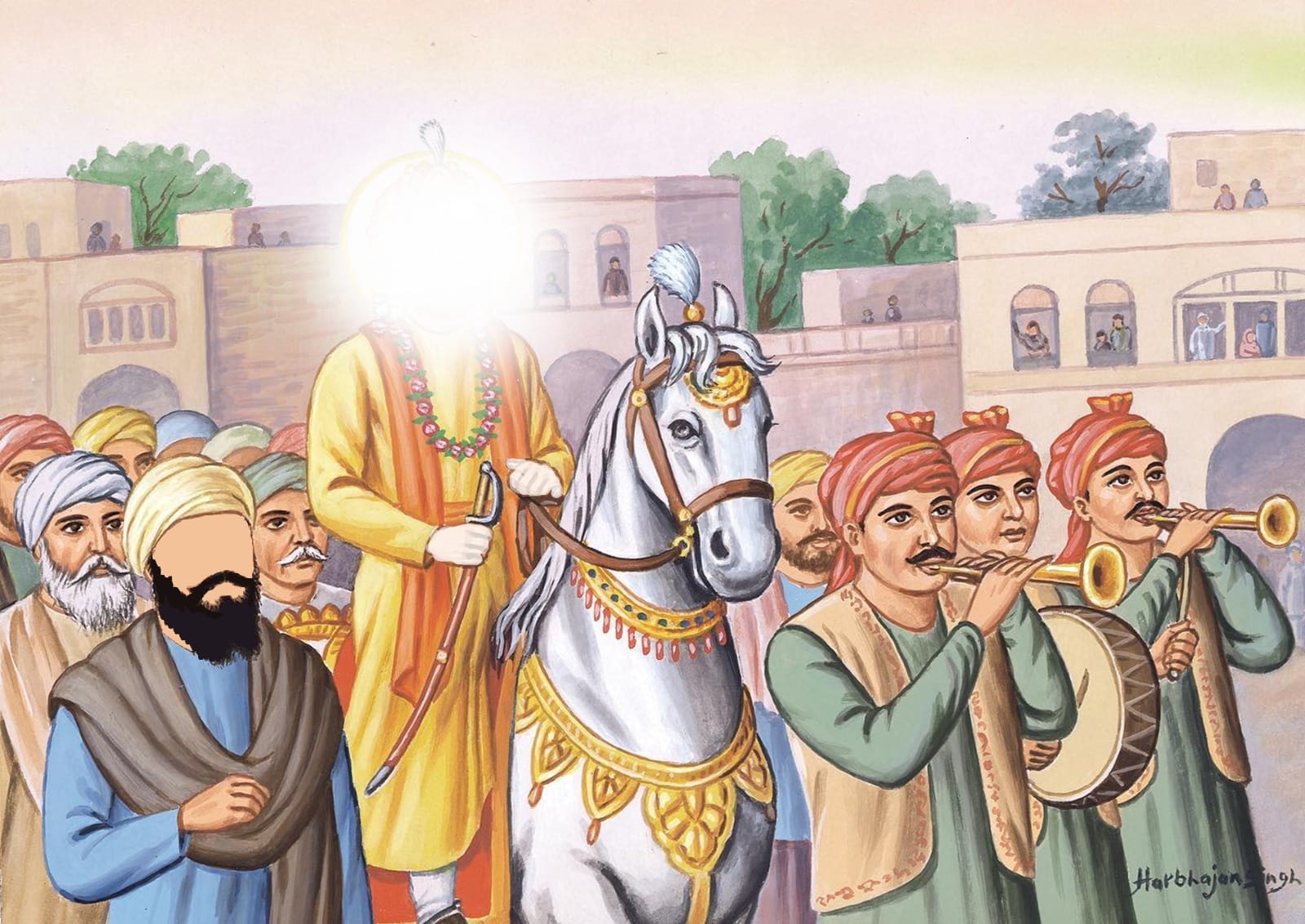 Guru Nanak Dev Ji on Viaah Purab marriage day going to Batala accompanied with Sangat and family