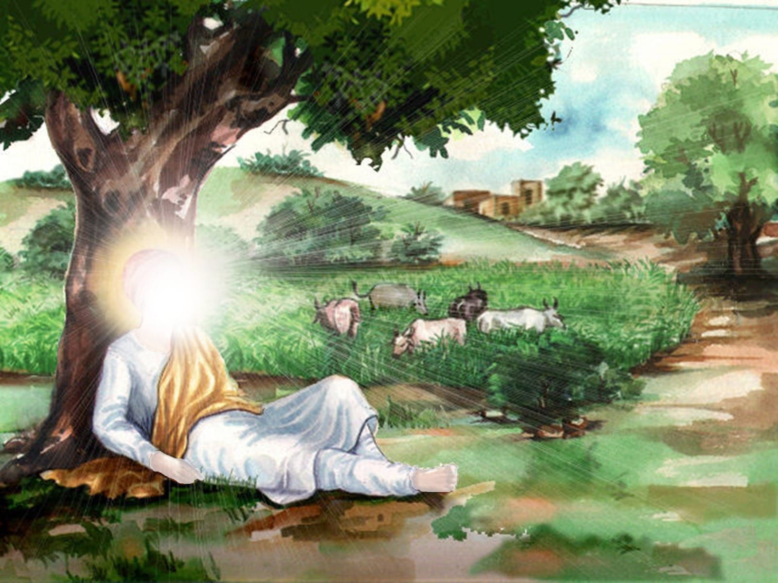Guru Nanak Dev Ji resting underneath the tree during childhood in Rai Bhoes Talwandi