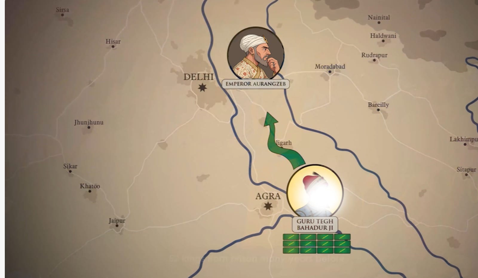 Guru Tagh Bahadur Sahib Ji travelled from Agra to Delhi escorted by a heavy Mughal army