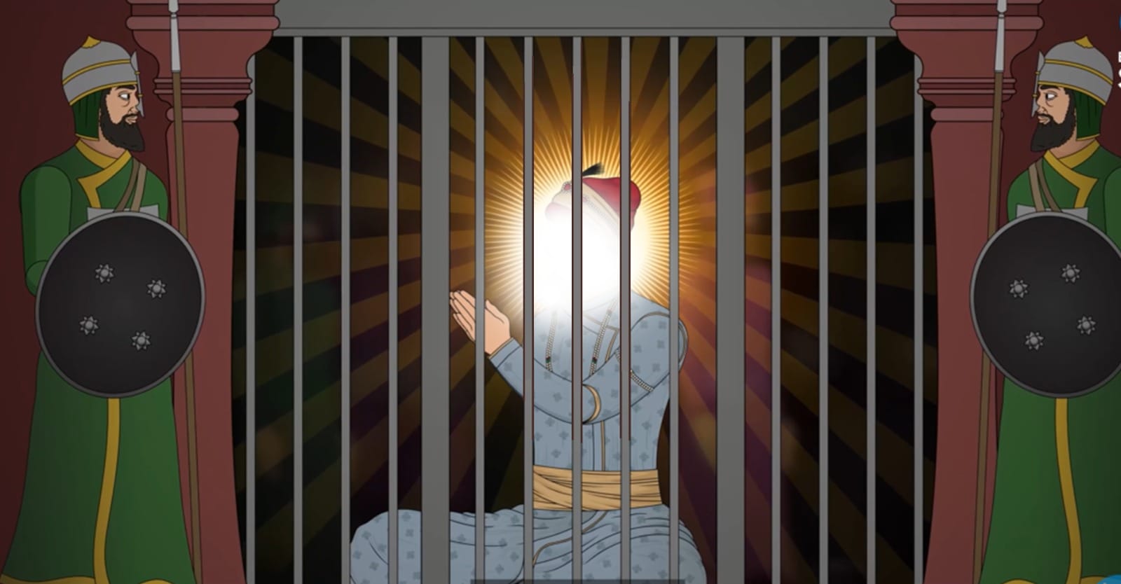 Guru Teg Bahadur Ji sitting behind bars ready to sacrifice himself for human rights