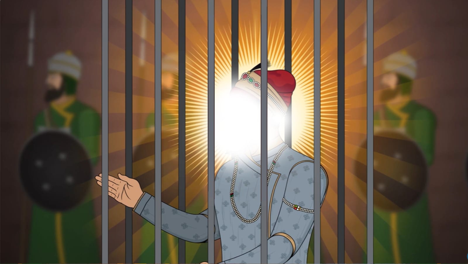 Guru Teg Bahadur Ji sitting in an iron cage in preparation for martyrdom