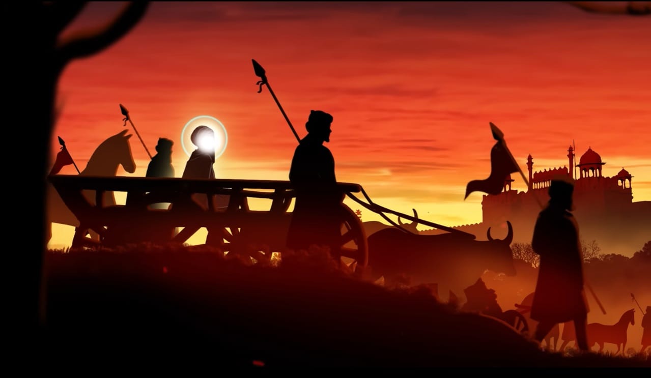 Guru Teg Bahadur Sahib Ji moving to Delhi with armed Mughal escort after courting arrest