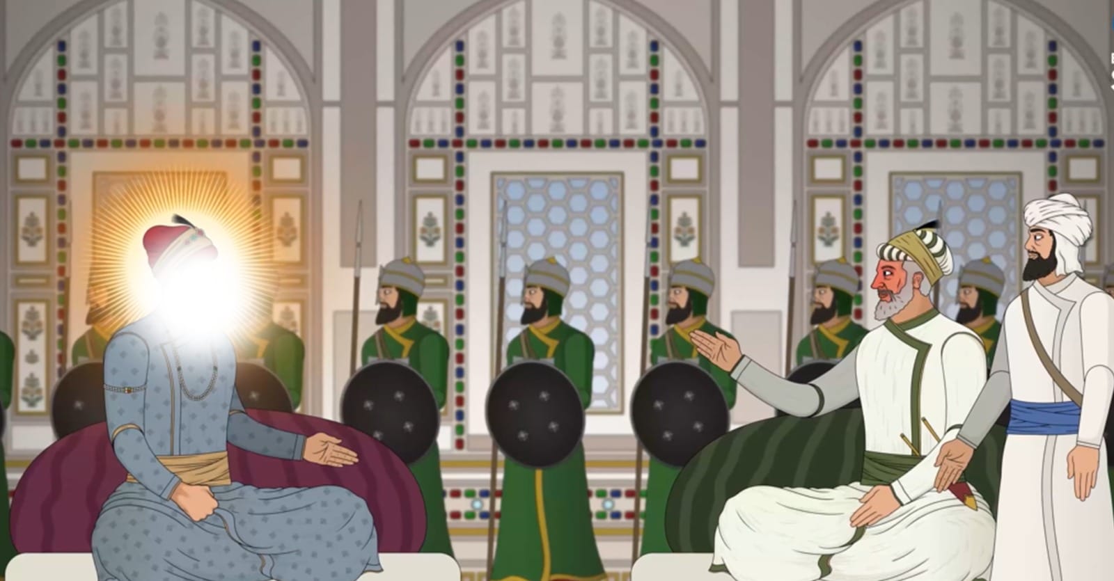 Guru Teg Bahadur Ji talking to Qazi Abdul Wahab Bora (royal Islamic cleric to Emperor Aurangzeb)