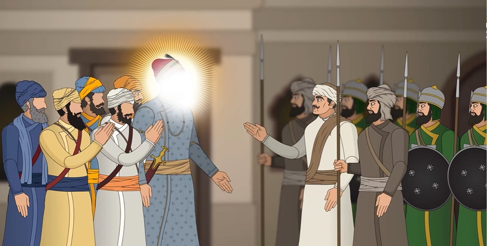 Guru Teg Bahadur Sahib accompanied by Bhai Mati Das Ji, Bhai Sati Das Ji, Bhai Dayal Das Ji, Bhai Jaita Ji and Bhai Gurditta Ji courting arrest in 1675