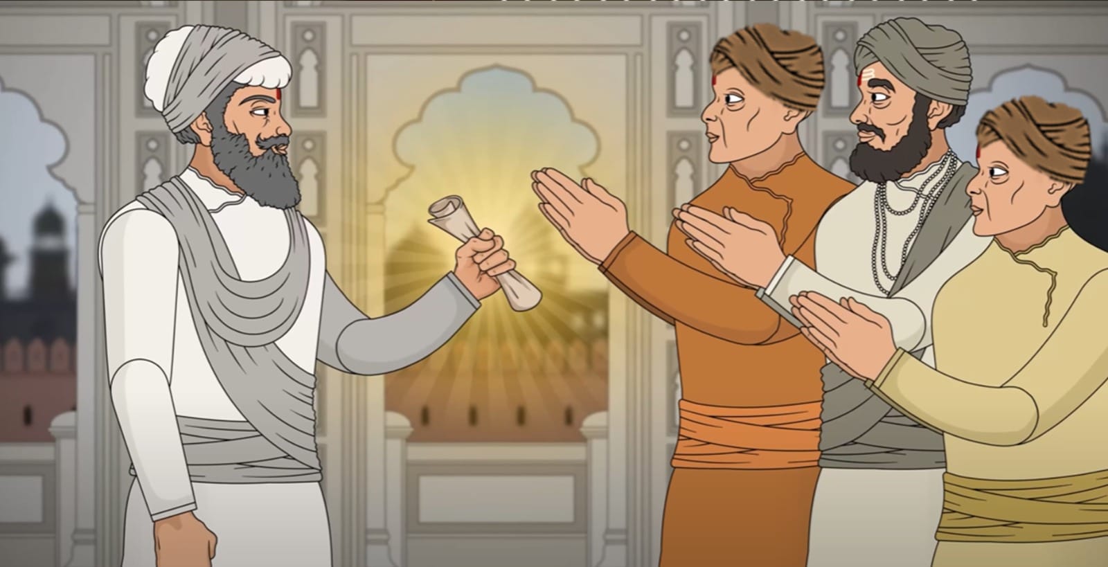 Pandit Kirpa Ram passing a letter to the delegation of Hindu leaders that declared that Guru Teg Bahadur Ji was their representative and voice and that if they could convert him