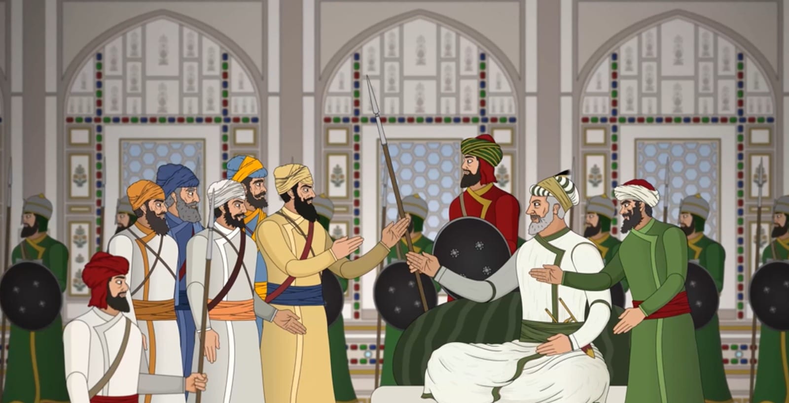 Sikhs of Delhi talking to Mughal authorities during Guru Teg Bahadur Ji courting arrest in Delhi