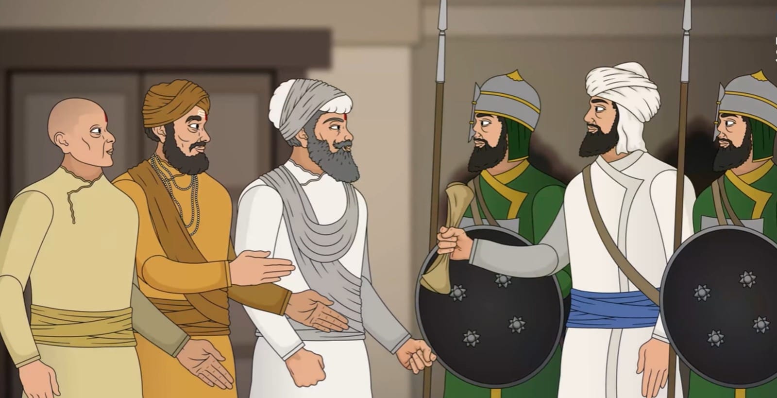 The 16 Hindu leaders accompanied by 500 Kashmiri Brahmins presenting a letter to Emperor Aurangzeb in Lahore after meeting Guru Teg Bahadur Sahib Ji