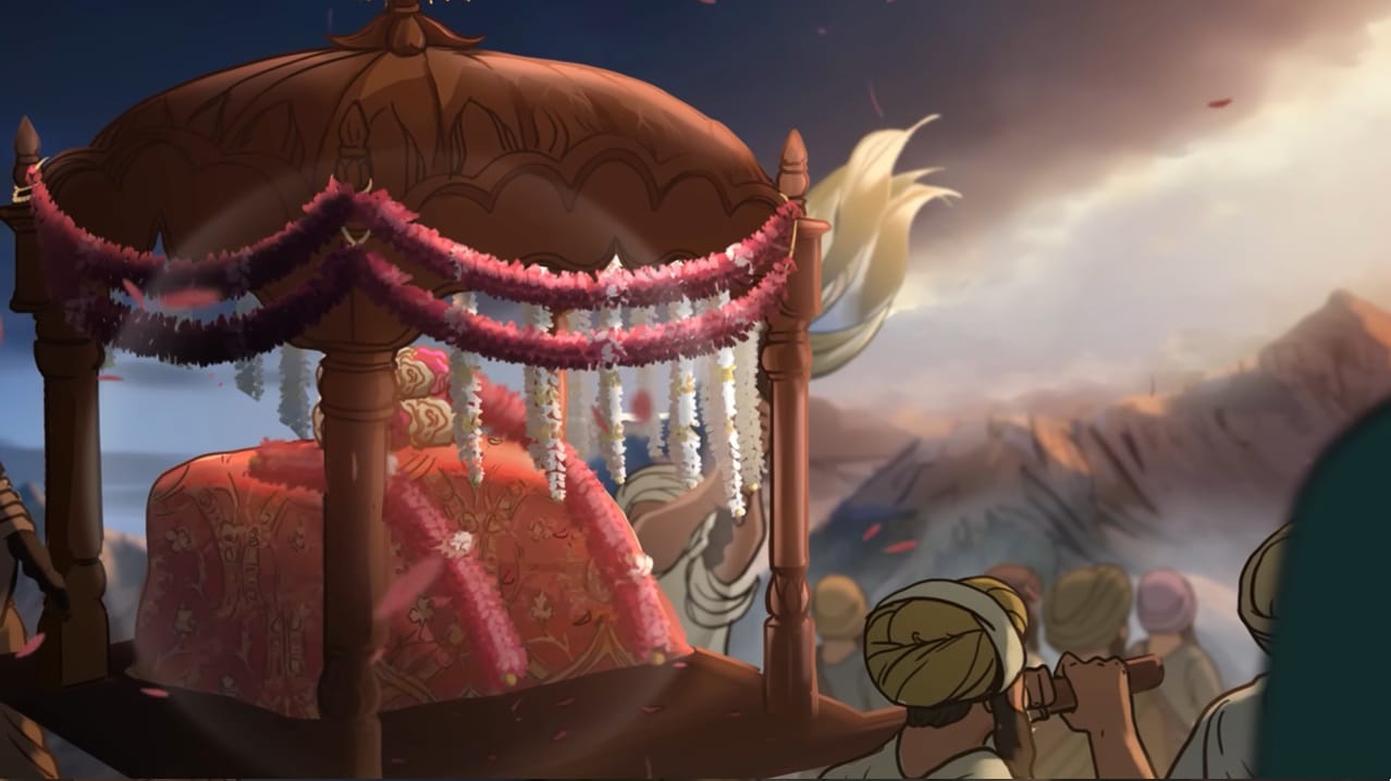 The head of Sri Guru Teg Bahadur Sahib Ji's martyred body being carried in a Palki Sahib in Kiratpur Sahib