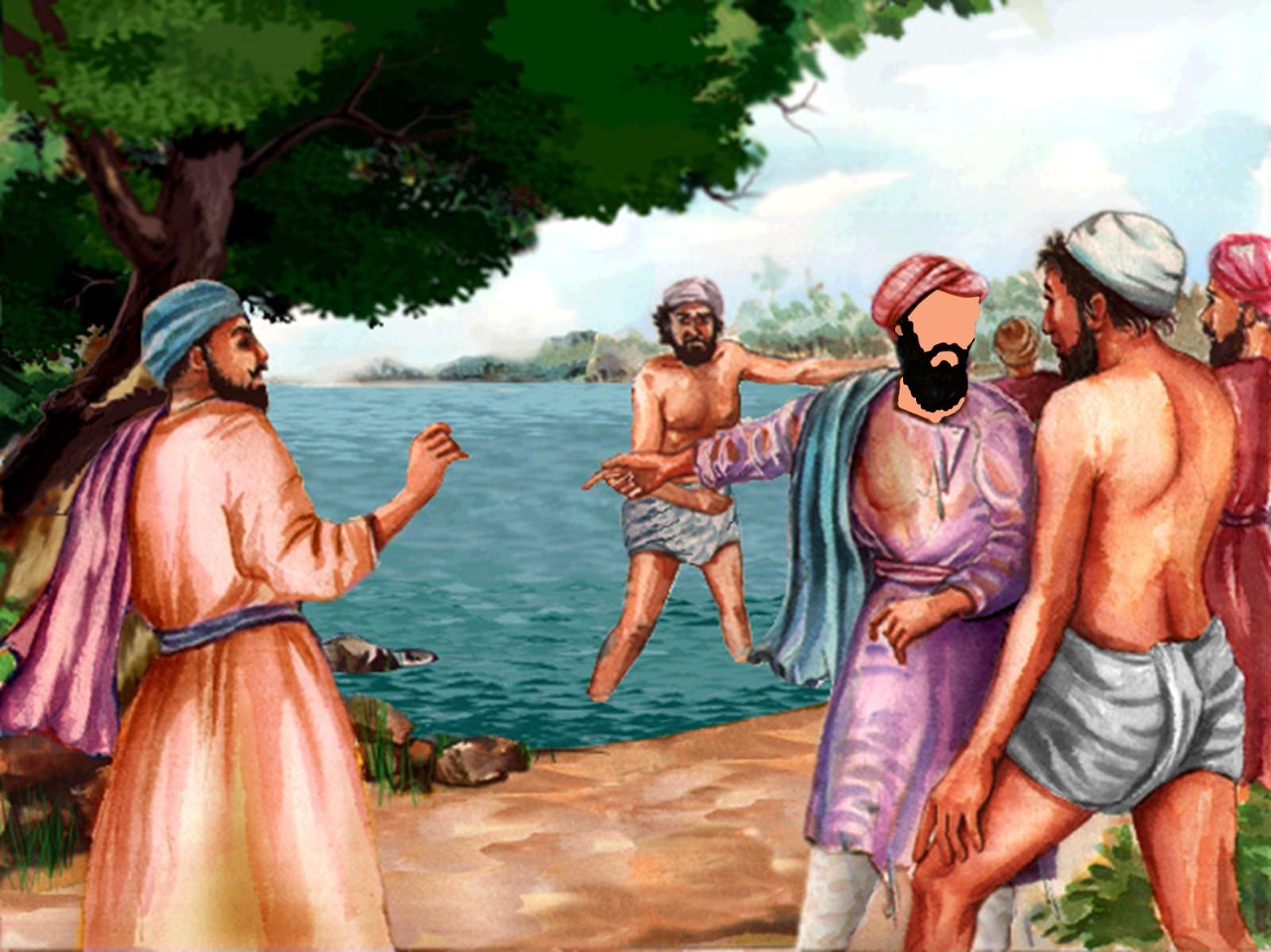Villagers and divers asking Bhai Mardana Ji were he last saw Guru Nanak Dev Ji in the River Vein before disappearing