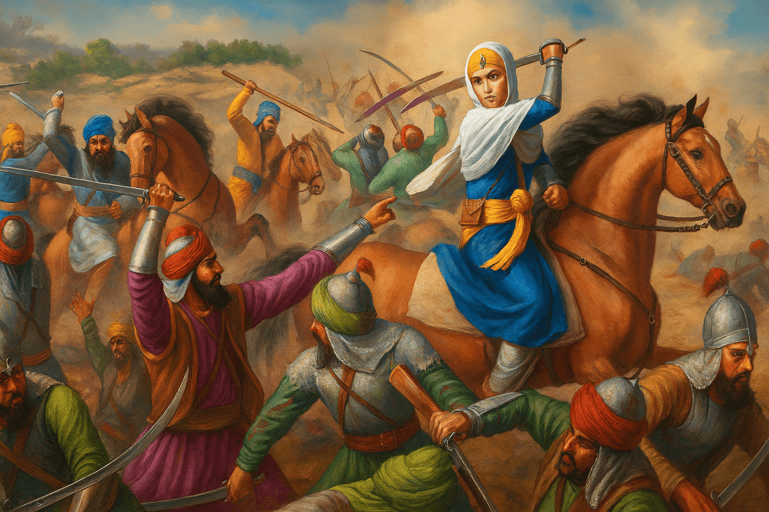 Mata Bhag Kaur Mai Bhago fighting the Battle of Mukatsar in 1705