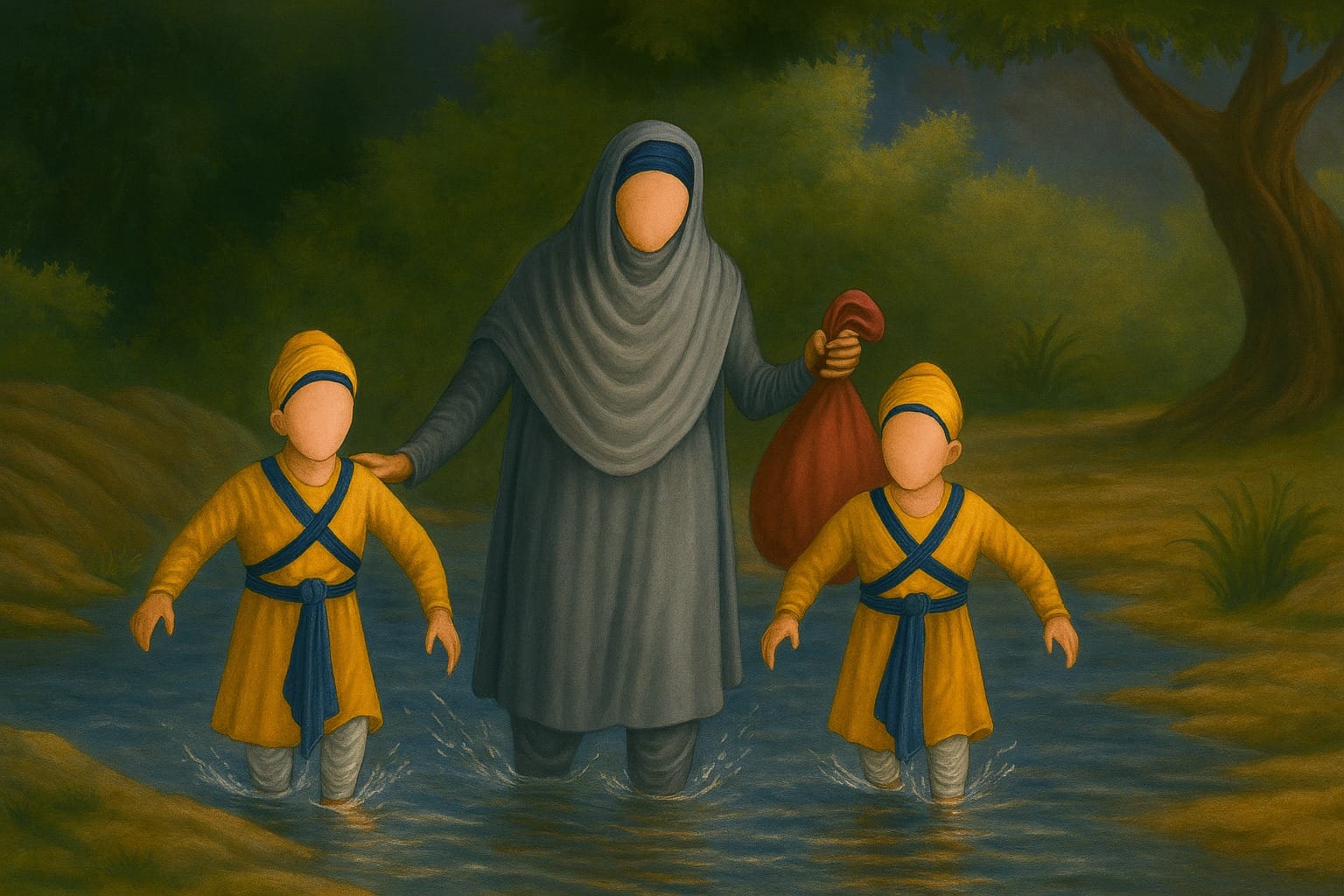 Mata Gujjar Kaur Ji and Sahibzada crossing to safety after going through River Sirsa after leaving Anandpur Sahib