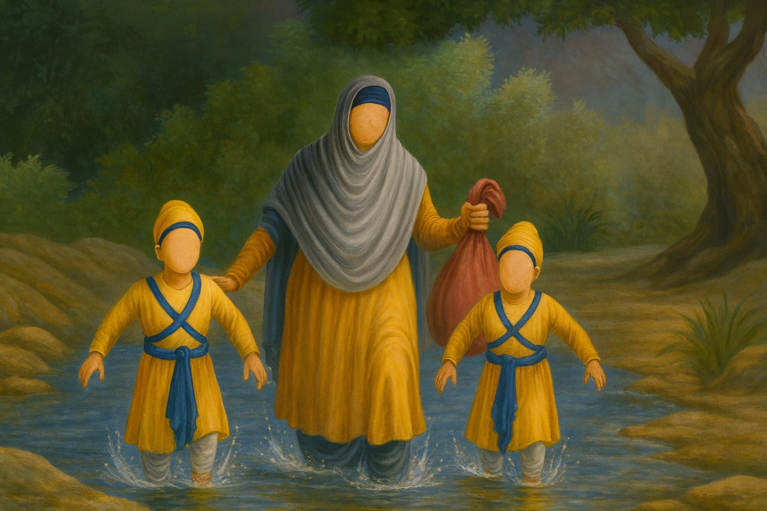 Mata Gujjar Kaur Ji and Sahibzada crossing to safety after going through River Sirsa after leaving Anandpur Sahib