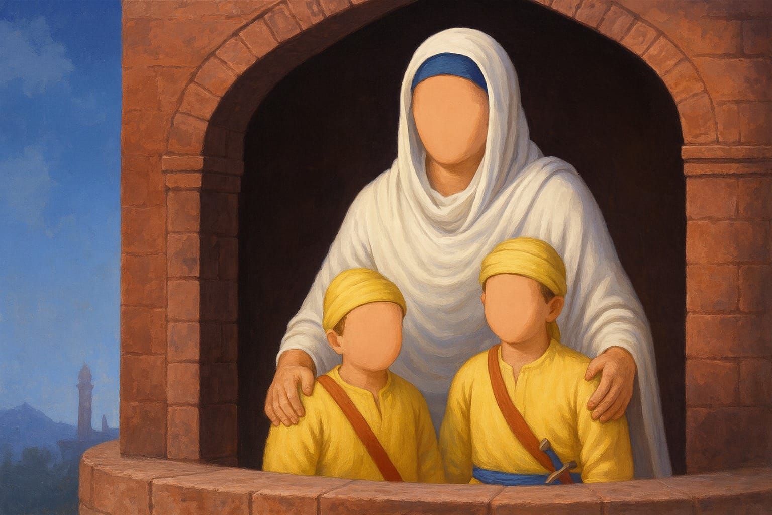Mata Gujjar Kaur Ji with the younger two Sahibzade in the Thanda Burj (Cold Tower)