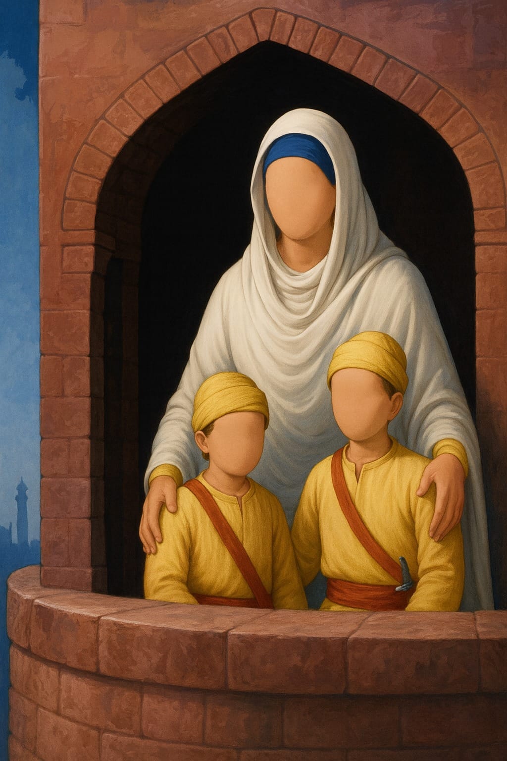 Mata Gujjar Kaur Ji with the younger two Sahibzade in the Thanda Burj (Cold Tower)