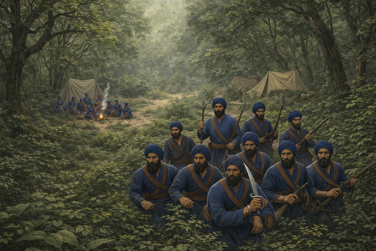 18th century Sikhs camping and living in jungles, surviving genocidal campaigns and remaining in high spirits
