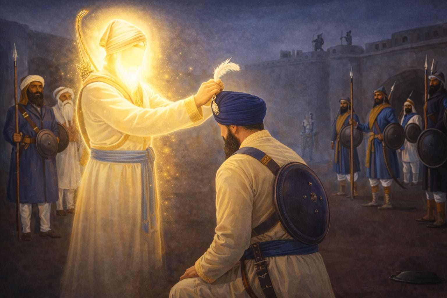 Bhai Sangat Singh Ji being given a kalgi plume by Sri Gobind Singh Sahib Ji when leaving the fort of Chamkaur