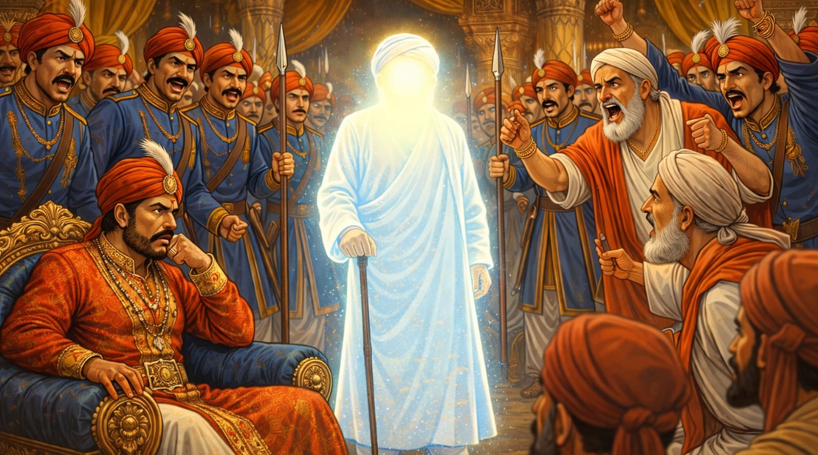 Elderly Sri Ravidas Maharaj Ji summoned to the court of King Rana Vikram Singh on complaints by Brahmins challenging caste divisions