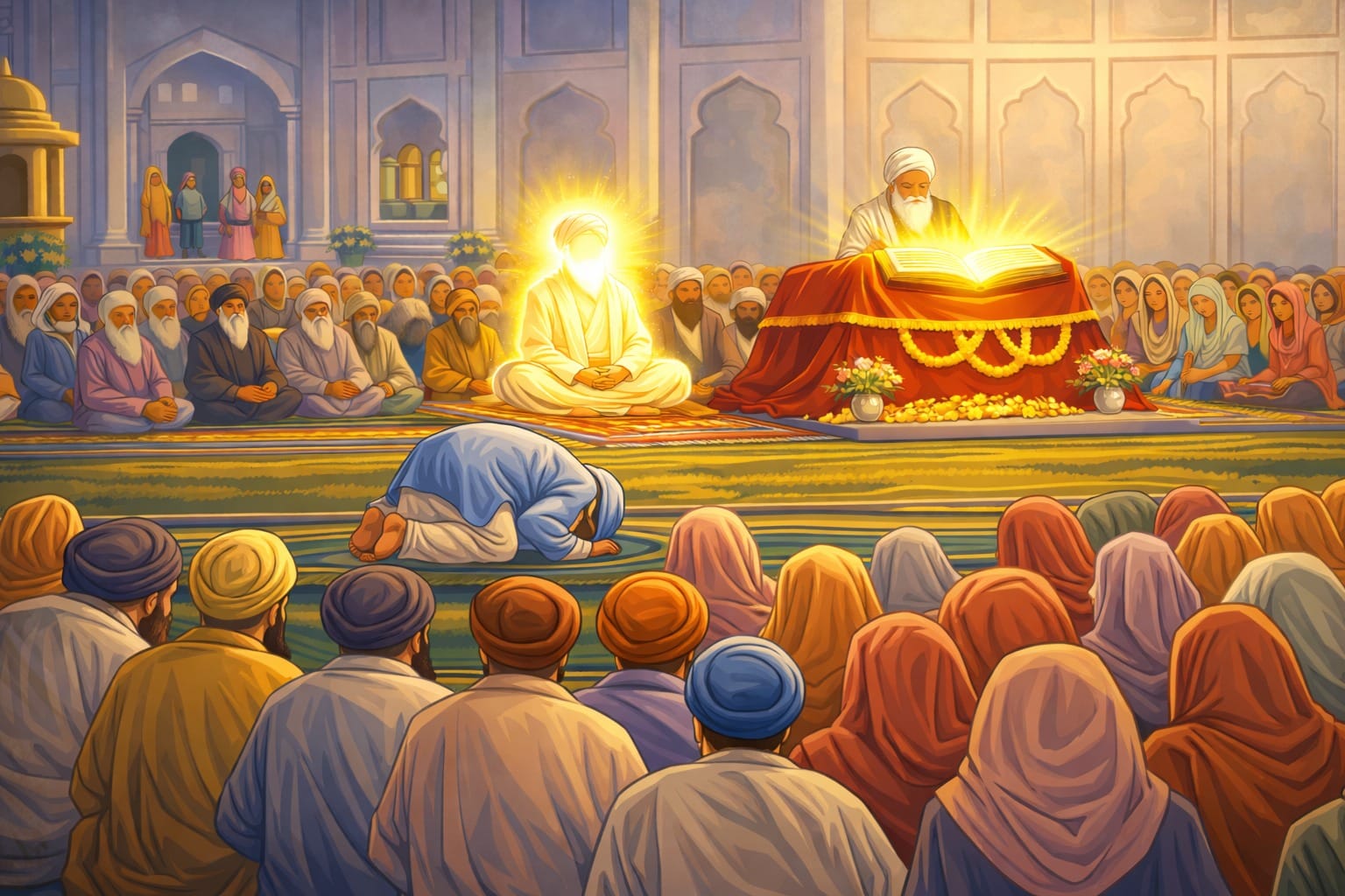 Guru Arjan Dev Ji installing Aad Granth Sahib Ji, the first copy of Sri Guru Granth Sahib Ji, in 1604 at Sri Darbar Sahib Sri Amritsar Sahib