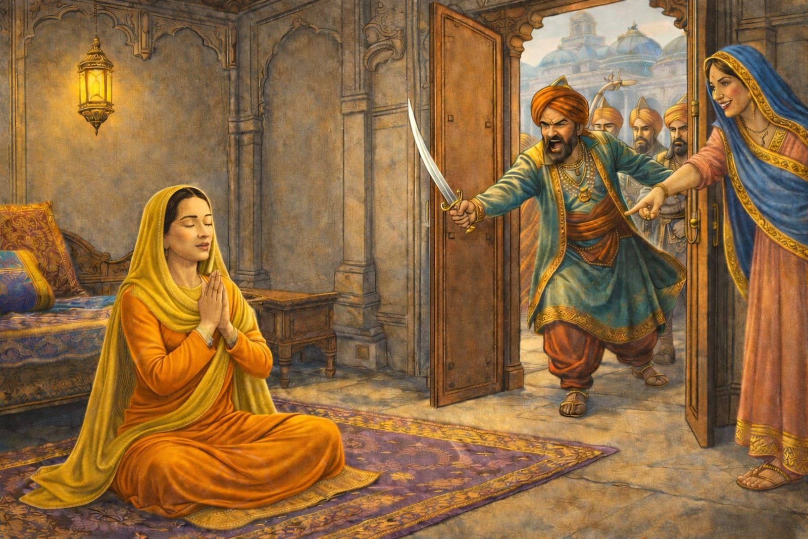 Mirabai, devotee of Sri Ravidas Ji, meditating despite criticism for accepting a cobbler as her guru