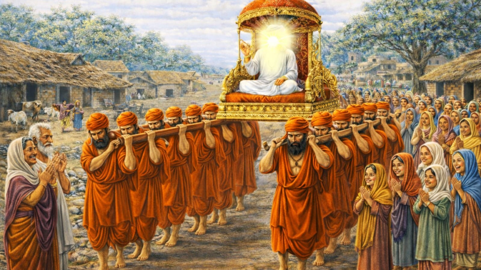 Sri Ravidas Ji Maharaj carried on the shoulders of Brahmins after winning a test