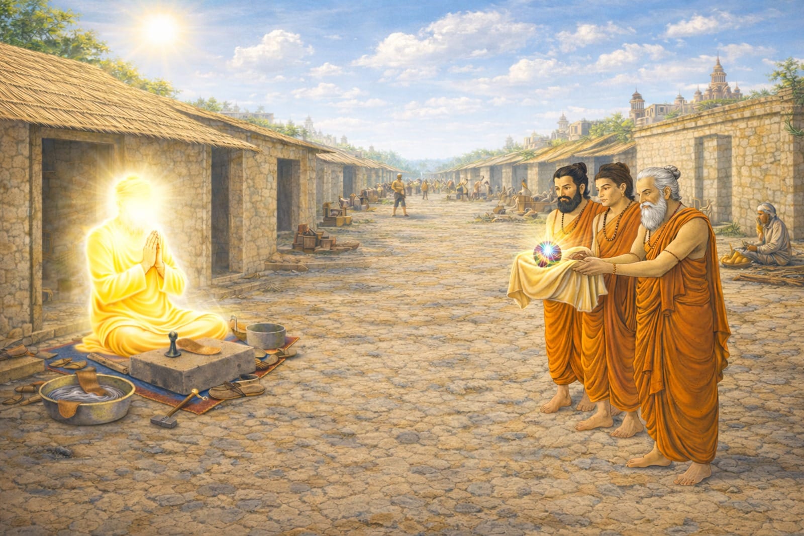 Sri Ravidas Ji being offered a jewel by Pandits to distract him from preaching truth