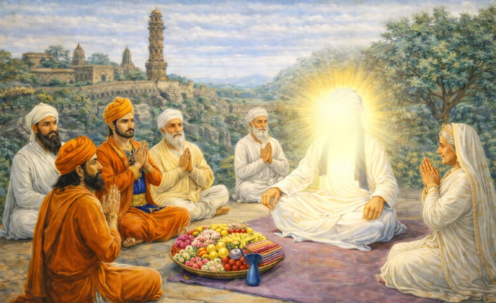 Sri Ravidas Maharaj Ji being visited by Raja Sangram and his mother Rani Rattan Jhalla (Jhalla Bai)