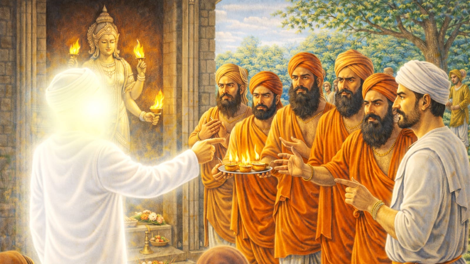 Sri Ravidas Sahib Ji challenging the Pandits and meditating on the Name of the Creator