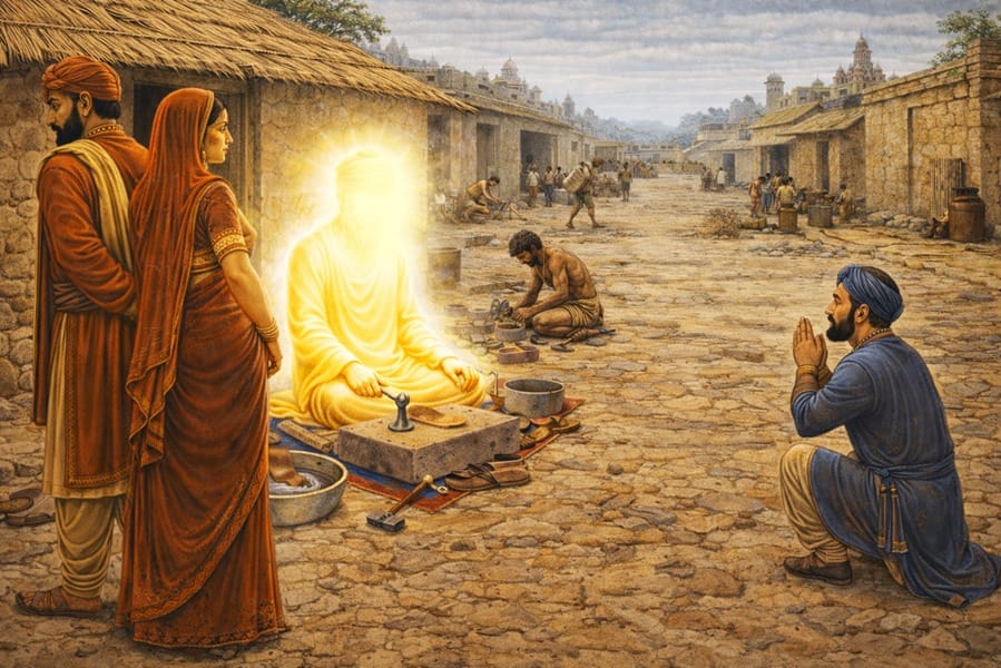 Sri Ravidas Sahib Ji the saint cobbler engaging in spiritual devotion while working