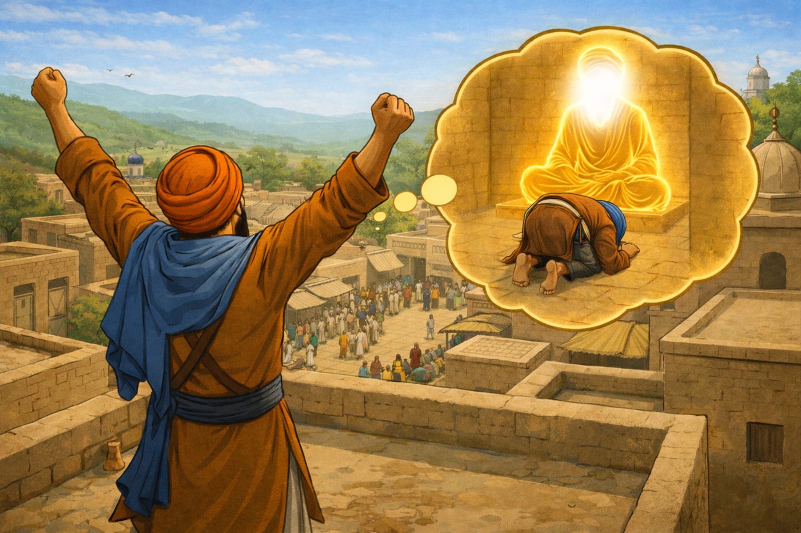 Bhai Makhan Shah discovering Guru Tegh Bahadur Ji on Vaisakhi and announcing Guru Ladho Re