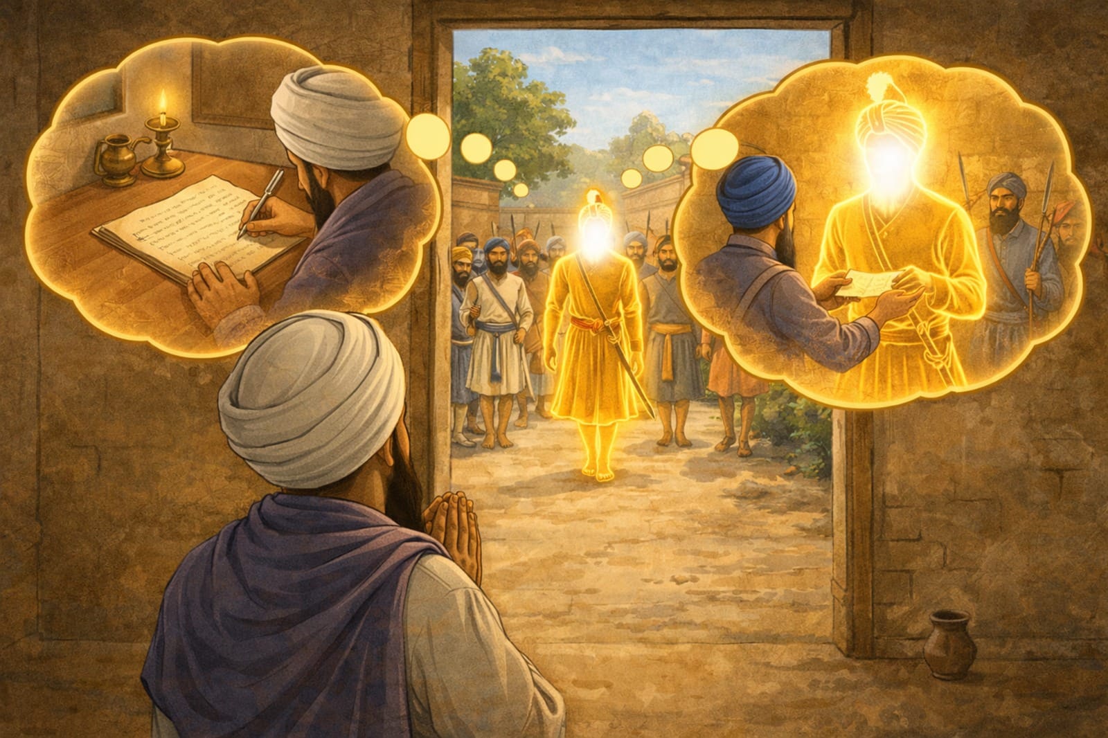Guru Gobind Singh Ji meeting Bhai Nand Lal Ji on Vaisakhi at Anandpur Sahib