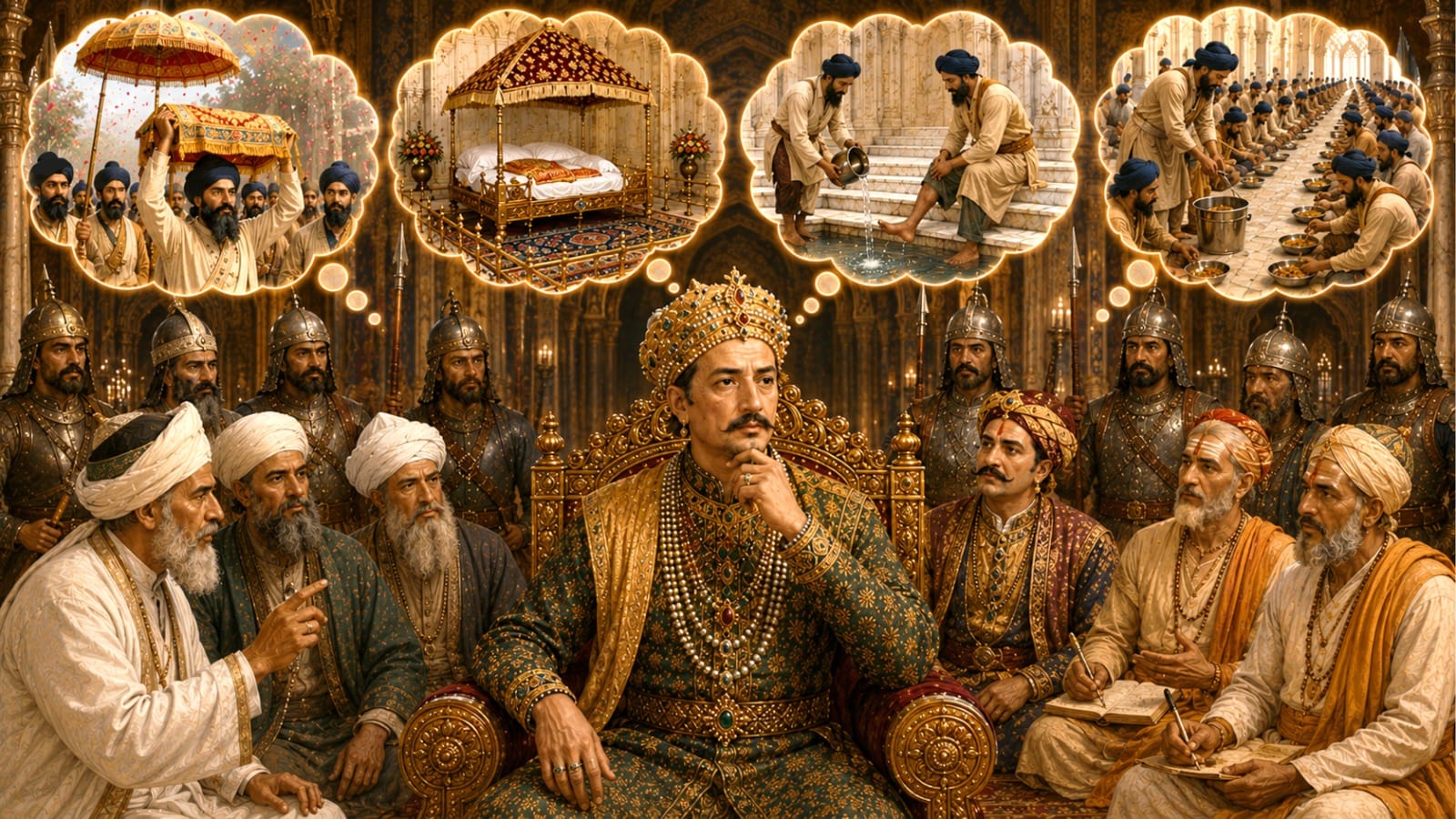 Emperor Jahangir being informed of the Maryada of the Guru's House