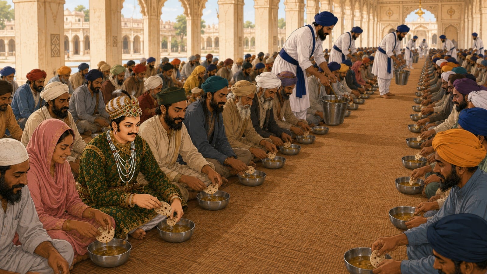 Emperor Akbar partaking in Langar before meeting Guru Amar Das Ji