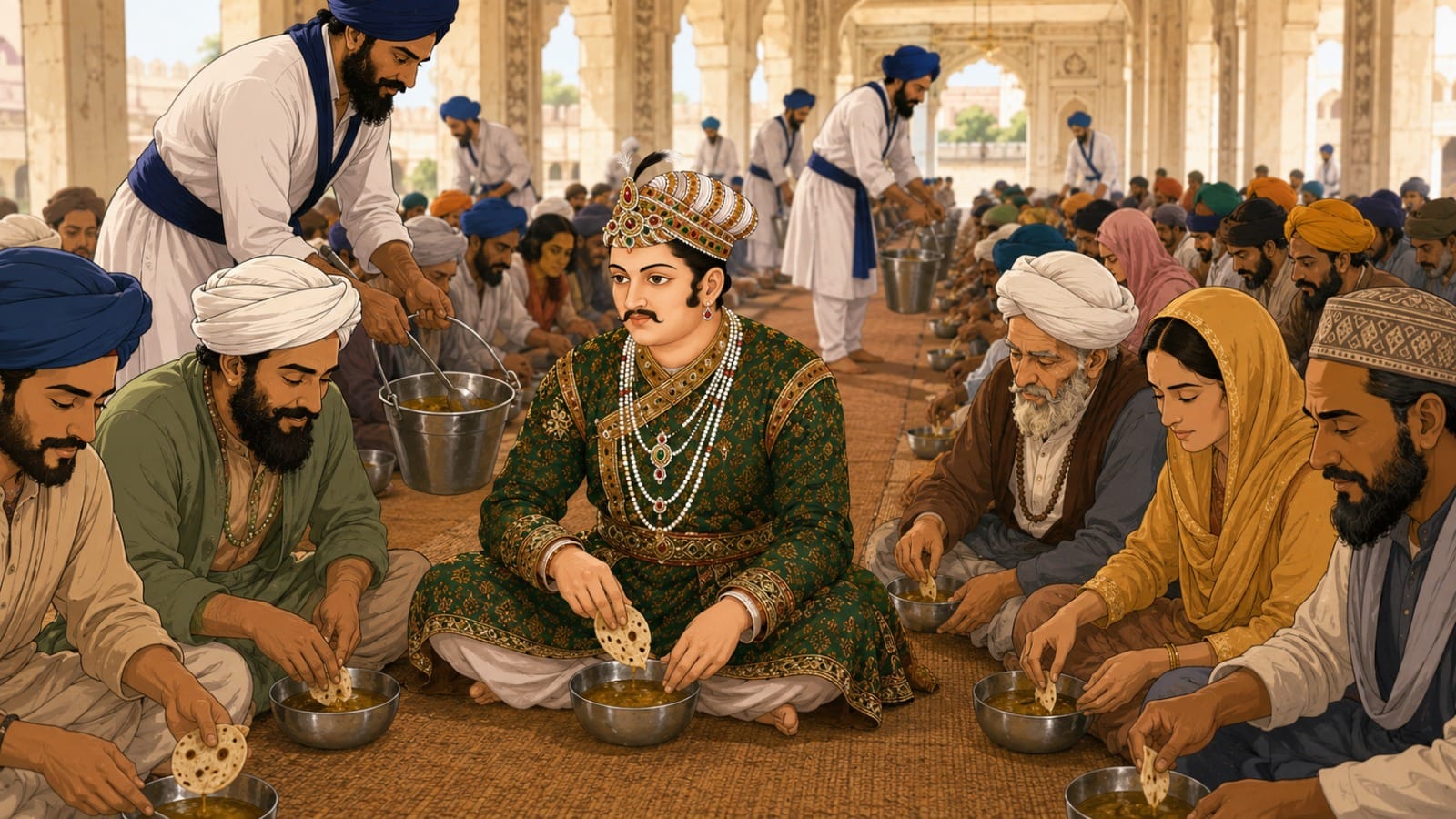 Emperor Akbar eating Langar before visiting Guru Amar Das Ji