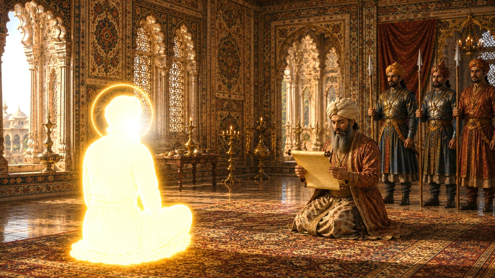 Guru Arjan Dev Ji being informed of Jahangir's royal order