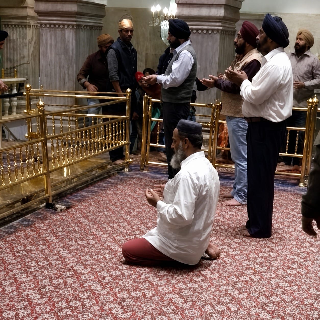 Muslim man bowing before Sri Guru Granth Sahib Ji
