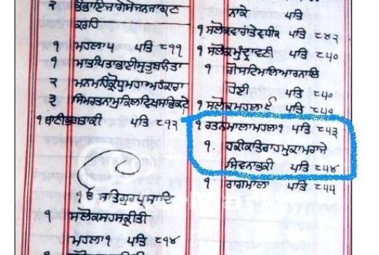 The contents page (ਤਤਕਰਾ) of a puraatan saroop from Takht Patna Sahib showing the descrited compositions (ਕਚੀ ਬਾਣੀ) ‘Ratan-mala’, ‘Hakeekatrah mukam Raaje Shiv Nabh kii” written before Raagmala.